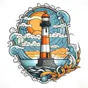 A mosaic-inspired tattoo design featuring a lighthouse overlooking the ocean, with a color scheme of blue and orange, in tattoo design idea