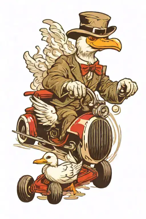a white duck driving a hot rod, with plumes of dust behind it. 5 colors  tattoo design idea