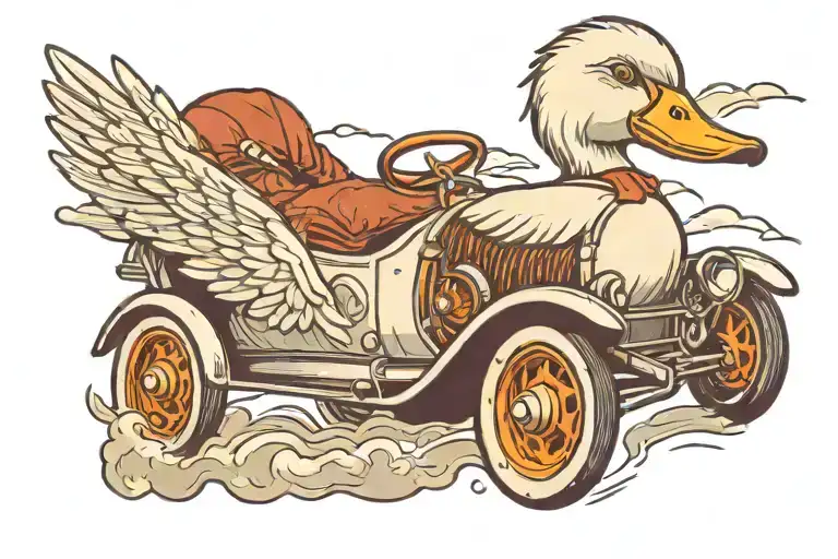 a white duck driving a hot rod, with plumes of dust behind it tattoo design idea