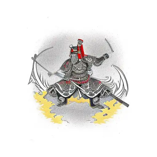 Design a vibrant and powerful Japanese samurai armor tattoo in a golden frame with intricate ornamentation details. tattoo design idea