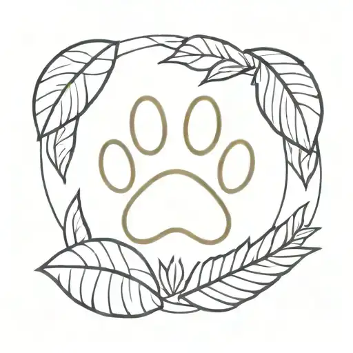 A minimalist tattoo of a dog paw print surrounded by tropical rainforest leaves, representing the client's love for dogs and nature tattoo design idea