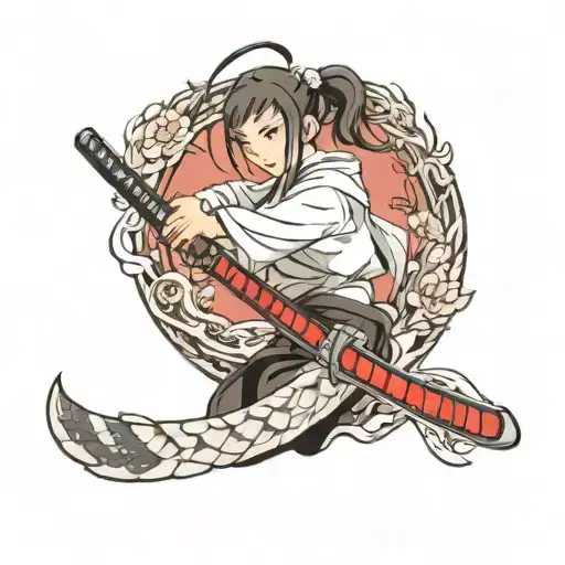 Japanese girl, katana, white snake tattoo design idea