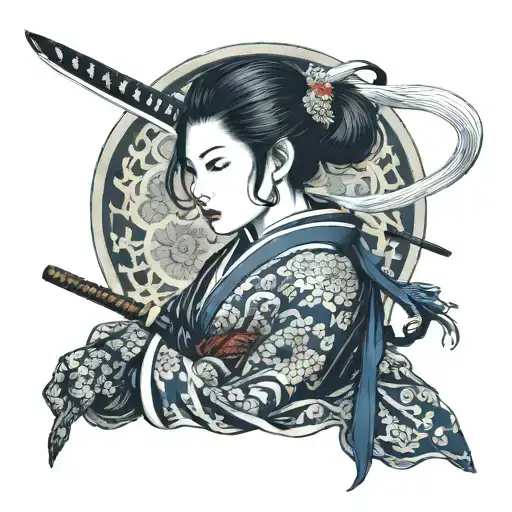 Japanes woman, katana, white snake tattoo design idea