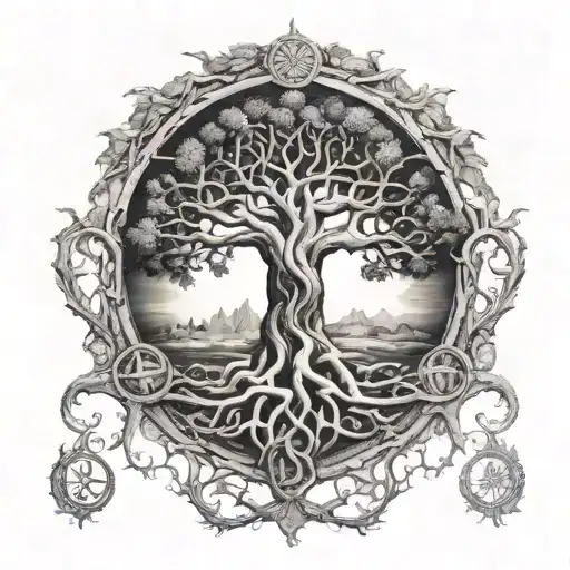 A realistic depiction of Yggdrasil, the World Tree, with various viking symbols intertwined in the branches tattoo design idea