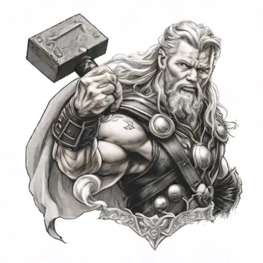 A realistic portrait of Thor wielding his hammer, Mjölnir tattoo design idea