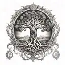 A realistic depiction of Yggdrasil, the World Tree, with various viking symbols intertwined in the branches tattoo design idea