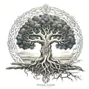 A realistic depiction of Yggdrasil, the World Tree, with various viking symbols intertwined in the branches tattoo design idea