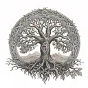 A realistic depiction of Yggdrasil, the World Tree, with various viking symbols intertwined in the branches tattoo design idea