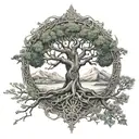 A realistic depiction of Yggdrasil, the World Tree, with various viking symbols intertwined in the branches tattoo design idea