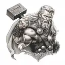 A realistic portrait of Thor wielding his hammer, Mjölnir tattoo design idea