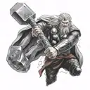 A realistic portrait of Thor wielding his hammer, Mjölnir tattoo design idea
