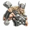A realistic portrait of Thor wielding his hammer, Mjölnir tattoo design idea
