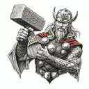 A realistic portrait of Thor wielding his hammer, Mjölnir tattoo design idea