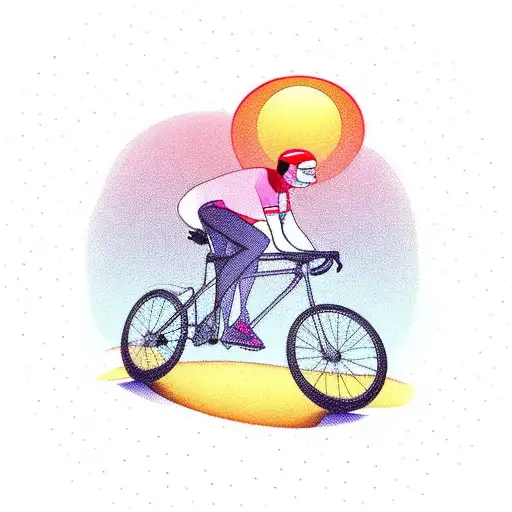A cyclist riding on a winding road with a beautiful sunset in the background tattoo design idea