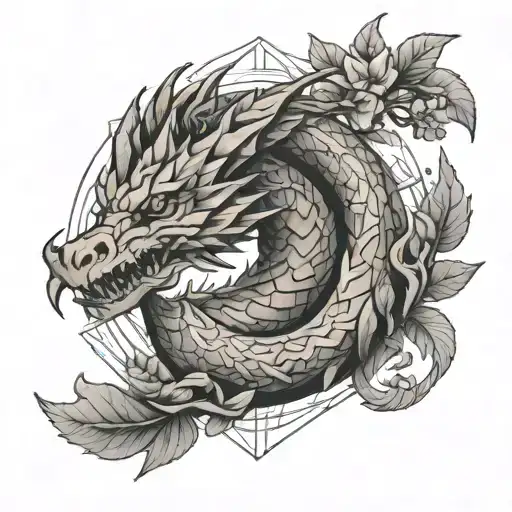 sleave tattoo of earth dragon made of stone, wood and leaves. triforce tattoo design idea