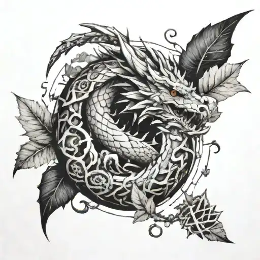 sleave tattoo of earth dragon made of stone, wood and leaves. triforce tattoo design idea