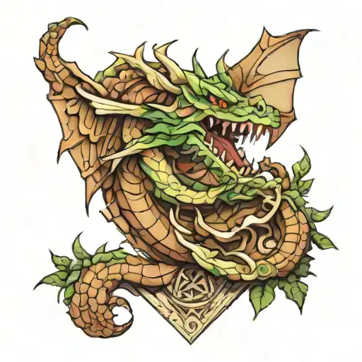 sleave tattoo of earth dragon made of stone, wood and leaves. triforce tattoo design idea