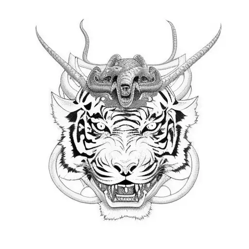 hannya mask with snake on top and a tiger head on skull around forearm as half sleeve tattoo tattoo design idea