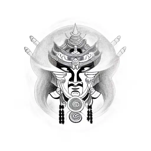 A captivating black-grey tattoo depicting Xangô, the powerful orisha of thunder and justice, surrounded by thunderbolts tattoo design idea