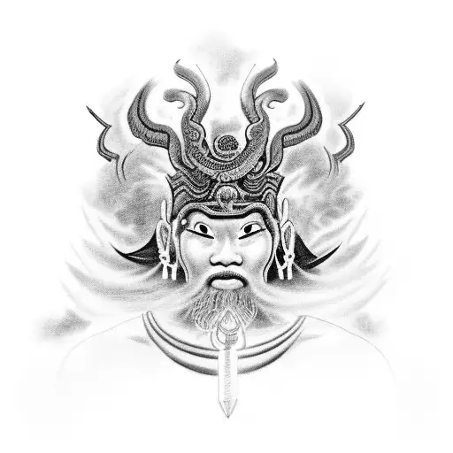 A captivating black-grey tattoo depicting Xangô, the powerful orisha of thunder and justice, surrounded by thunderbolts tattoo design idea