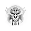 A captivating black-grey tattoo depicting Xangô, the powerful orisha of thunder and justice, surrounded by thunderbolts tattoo design idea