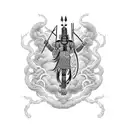 A captivating black-grey tattoo depicting Xangô, the powerful orisha of thunder and justice, surrounded by thunderbolts tattoo design idea