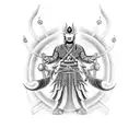 A captivating black-grey tattoo depicting Xangô, the powerful orisha of thunder and justice, surrounded by thunderbolts tattoo design idea