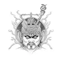 A captivating black-grey tattoo depicting Xangô, the powerful orisha of thunder and justice, surrounded by thunderbolts tattoo design idea