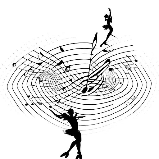 A dancer leaping through musical notes tattoo design idea