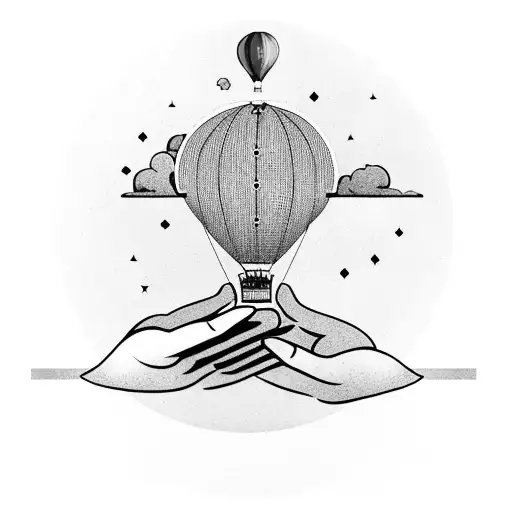 A colorful hot air balloon crashing into two large meditating hands. tattoo design idea