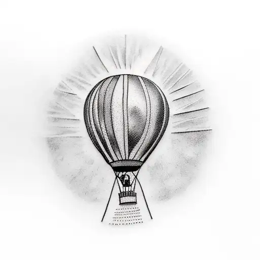 two hands with palms together in a thanking pose with a hot air balloon crashed into them, the lines wrapping around tattoo design idea