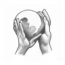 two hands with palms together in a thanking pose with a hot air balloon crashed into them, the lines wrapping around tattoo design idea