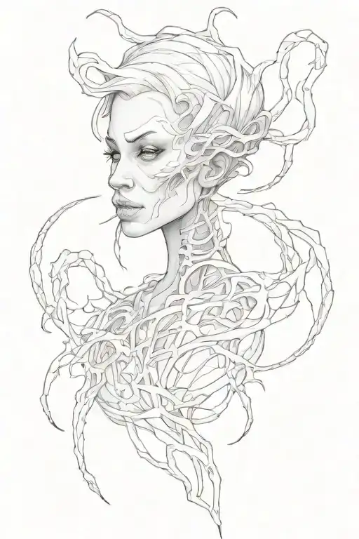 tattoo image gallery, art by sonna aston, in the style of gritty realism, zbrush, dark white and silver, lovecraftian, e tattoo design idea