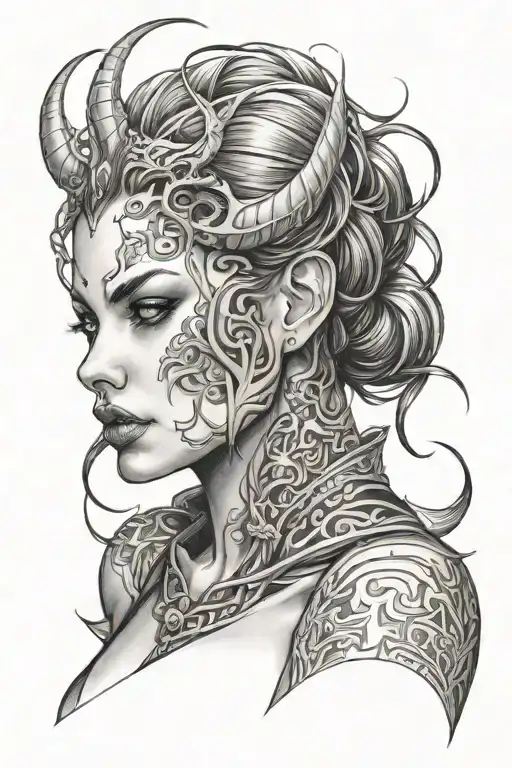 sexy woman faces one demon one normal tattoo design idea