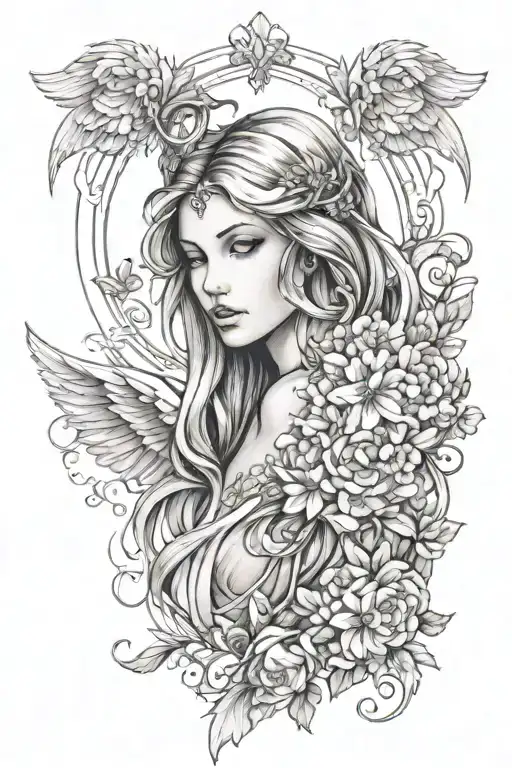     Angel Woman's Face:         Expression: Serene, peaceful, and gentle.         Details: Soft features, slightly tilte tattoo design idea