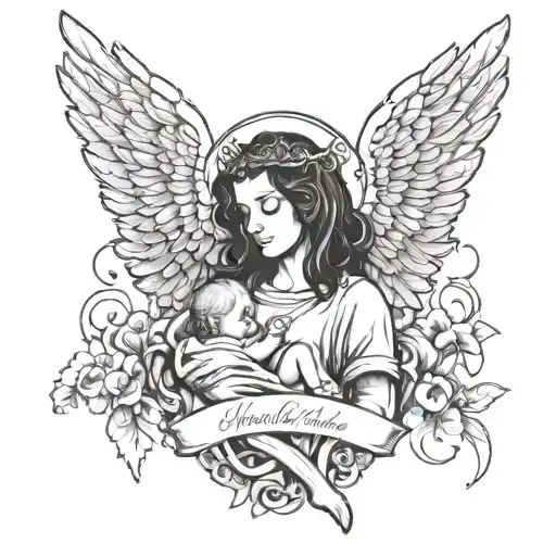 A detailed blackwork tattoo of an angel holding a baby with a Latin phrase about motivation incorporated into the design tattoo design idea
