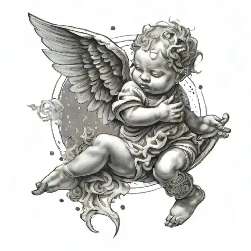A mystical tattoo design reflecting on the mysteries of existence, with a baby taking its first step towards enlightenment with the guidance of an angel in the depths of the universe tattoo design idea