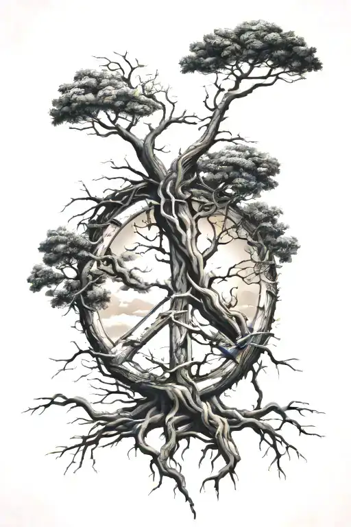 damaged tree growing with roots made into a peace sign. with cloudy/ lightning sky with sun shinny behind  tattoo design idea