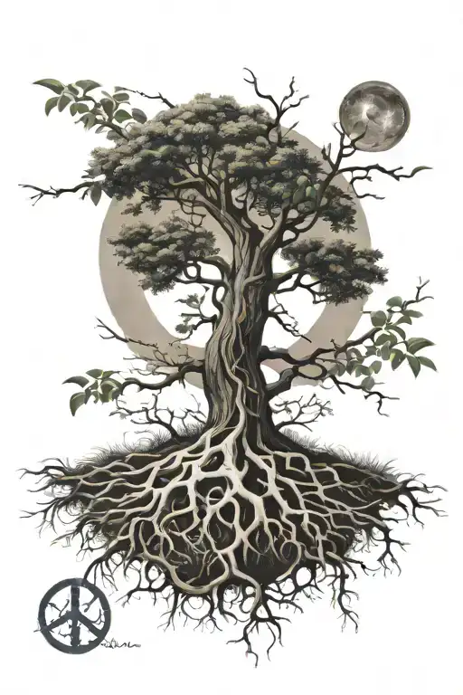  Tree Growing. roots made out of a peace sign With Cloudy/ Lightning Sky With Sun Shining  tattoo design idea