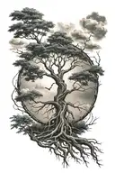  Tree Growing With Roots Made Into A Peace Sign. With Cloudy/ Lightning Sky With Sun Shinny tattoo design idea
