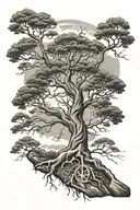  Tree Growing With Roots Made Into A Peace Sign. With Cloudy/ Lightning Sky With Sun Shinny tattoo design idea