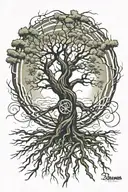Damaged Tree Growing With Roots Made Into A Peace Sign. With Cloudy/ Lightning Sky With Sun Shinny. made into abstract tattoo design idea