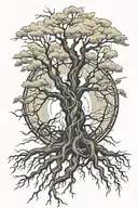 Damaged Tree Growing With Roots Made Into A Peace Sign. With Cloudy/ Lightning Sky With Sun Shinny. made into abstract tattoo design idea