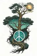 abstract Tree Growing With Roots Made Into A Peace Sign. With Cloudy/ Lightning Sky With Sun Shinny tattoo design idea