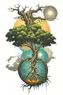 abstract Tree Growing With Roots Made Into A Peace Sign. With Cloudy/ Lightning Sky With Sun Shinny tattoo design idea