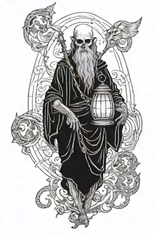 squeletton charon boatman from hades holding lantern with lot of soul around him tattoo design idea
