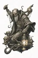 squeletton charon boatman from hades holding lantern with lot of soul around him tattoo design idea