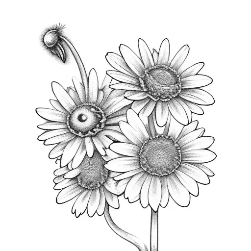 2 snow drop flowers, 1 daisy, 1 cosmo flower, and a chrysanthemum in a bouquet tattoo design idea