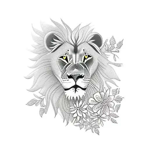 A sleeve Tattoo of A Lion surrounded by the birth flowers for March, April, May, June, and October tattoo design idea