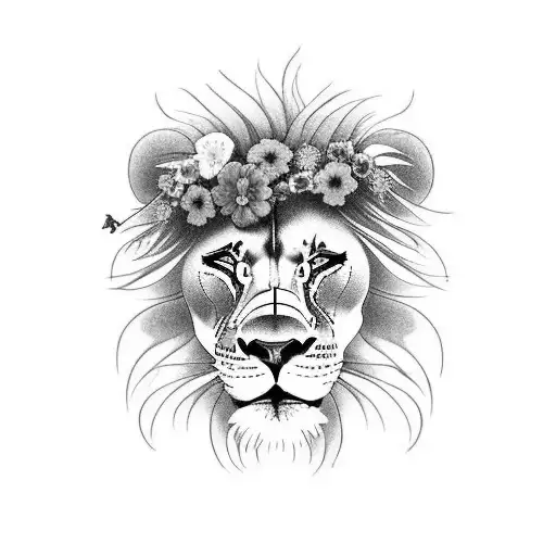 A sleeve Tattoo of A Lion surrounded by the birth flowers for March, April, May, June, and October tattoo design idea